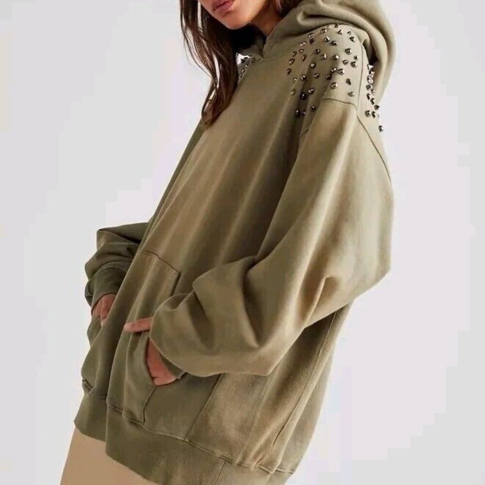 Free People Lonely Heart Studded Hoodie Sweatshirt Medium Hunter Green